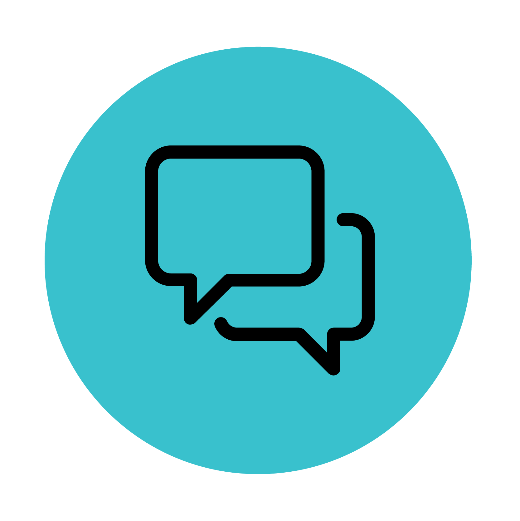 Two black speech bubble icons overlap on a turquoise circular background, representing communication or messaging.
