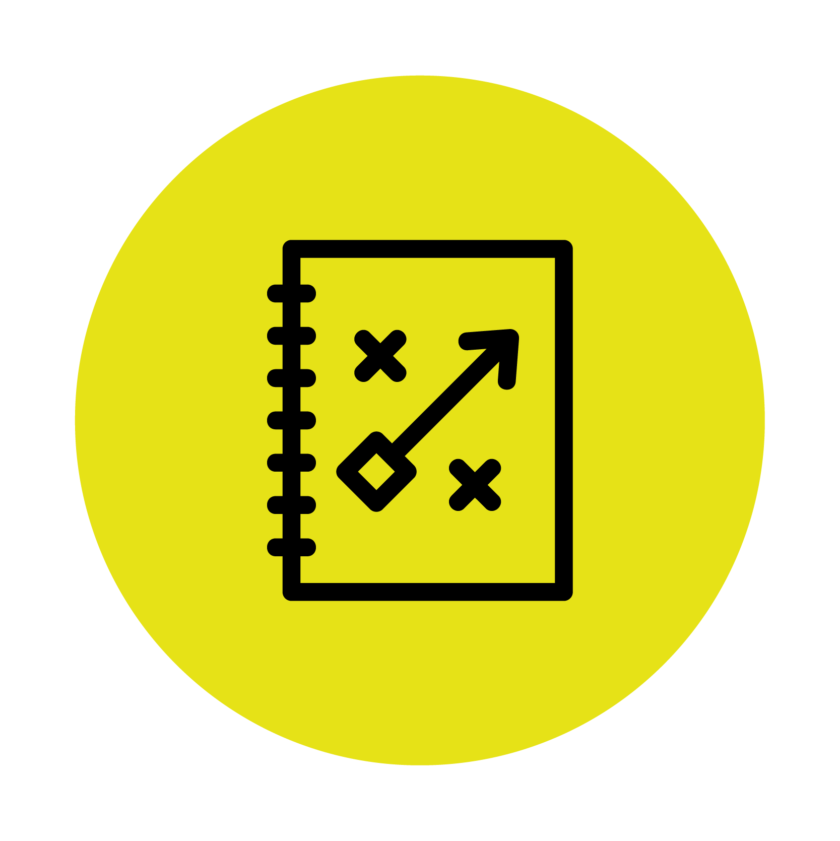 Black line drawing of a strategy playbook with arrows and X marks, centered on a bright yellow circle background.