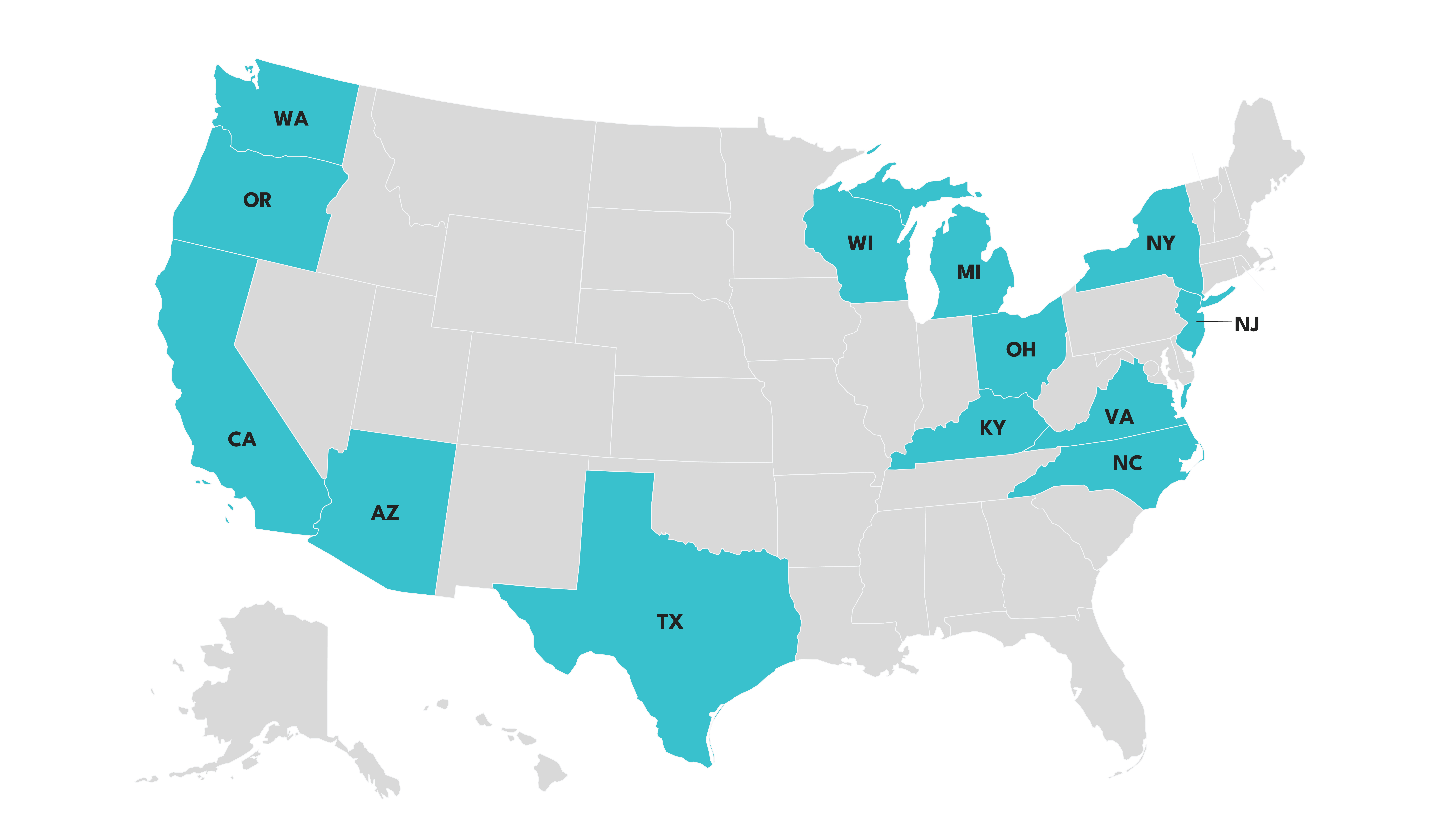 A map of the United States with 15 states highlighted in teal, including California, Texas, New York, and North Carolina.