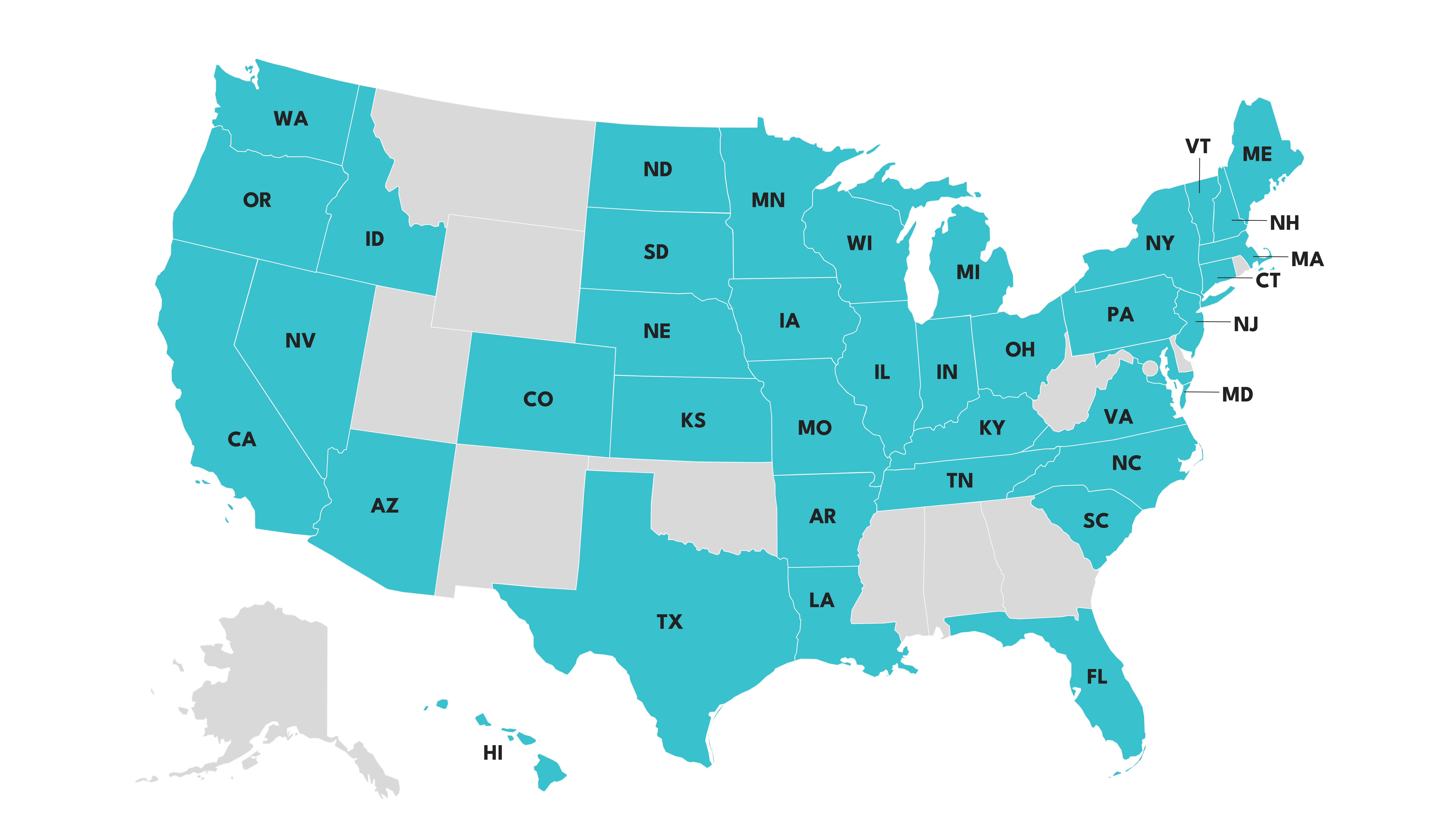 A map of the United States highlighting certain states in teal while others are shown in gray; state names are labeled with two-letter abbreviations.
