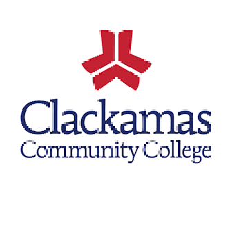 Clackamas Community College logo with red geometric design above the college name in blue text on a white background.