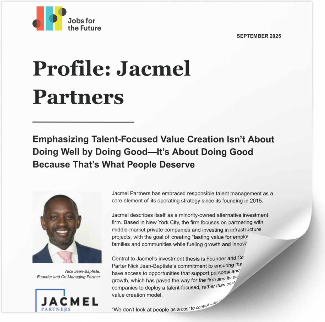 A business profile for Jacmel Partners featuring a photo of founder Nick Jean-Baptiste, the company logo, and a headline highlighting a talent-focused value creation approach.
