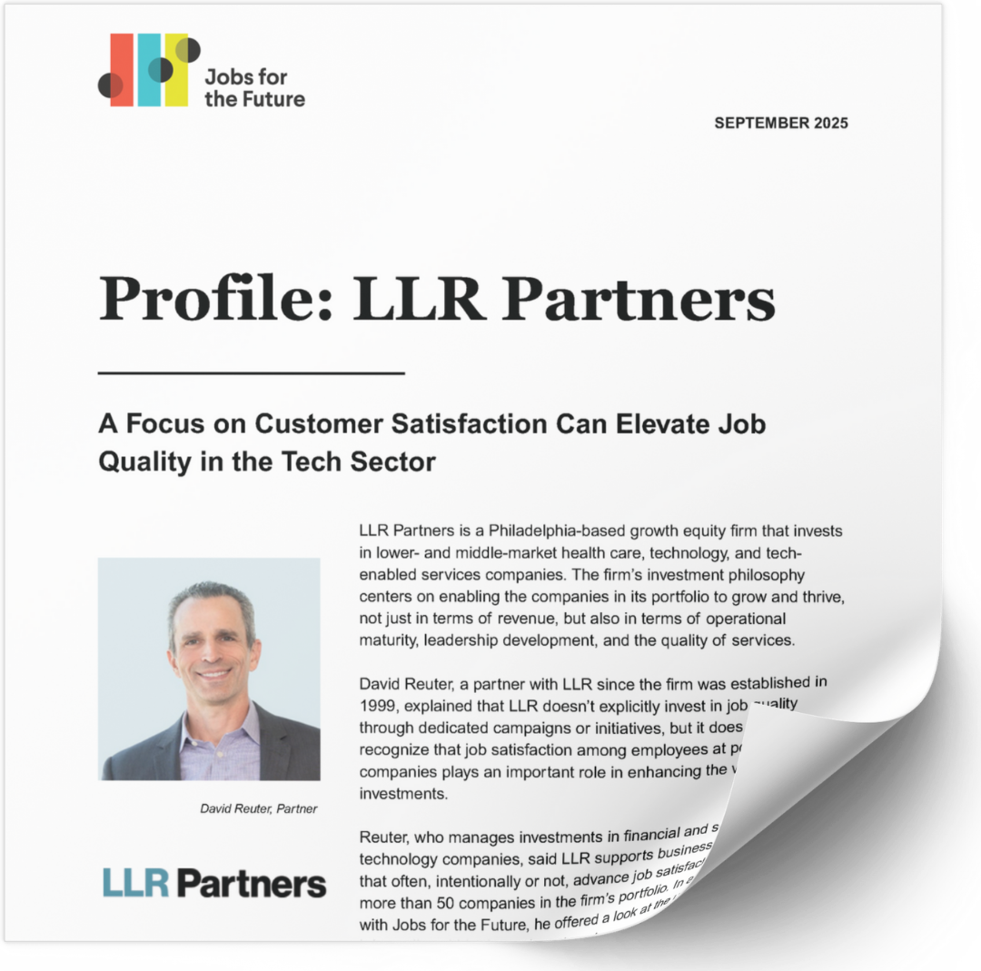 Profile feature on LLR Partners, highlighting customer satisfaction and job quality in the tech sector, with a portrait of David Reuter, Partner. Jobs for the Future logo at top left.