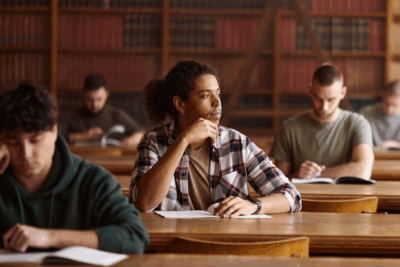 Four students sit at desks in a library, reading or writing. The student in the center foreground looks to the side, while others focus on their work. Bookshelves line the background.