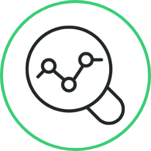 A magnifying glass icon with a line graph featuring three connected data points inside, all within a green circle.