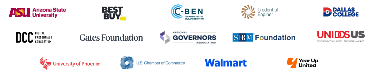 Logos of partner organizations, including Arizona State University, Best Buy, Dallas College, Gates Foundation, Walmart, and others, displayed in two rows on a white background.