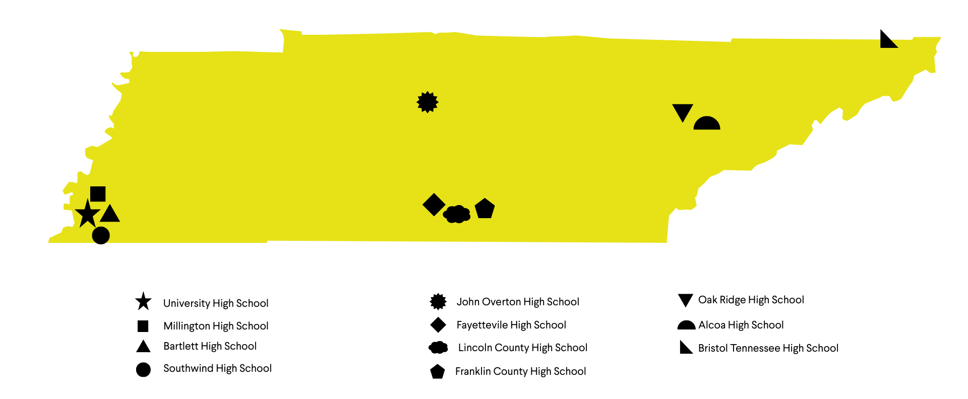 Yellow map of Tennessee with black icons marking locations of various high schools and one university, each represented by a unique symbol corresponding to the legend below.
