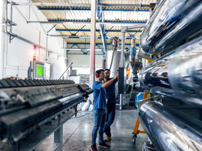 Two workers wearing safety gear inspect large rolls of plastic film in an industrial manufacturing facility.