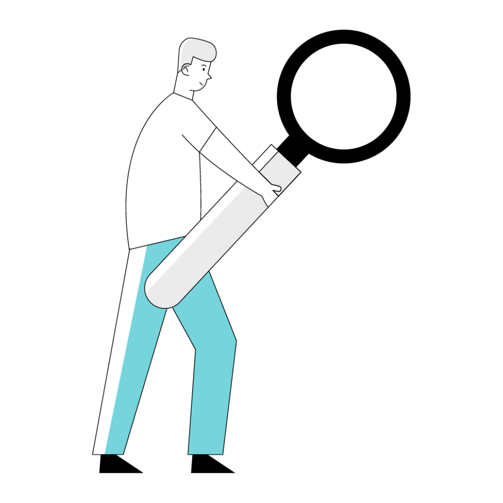 Illustration of a person holding and examining with a large magnifying glass.