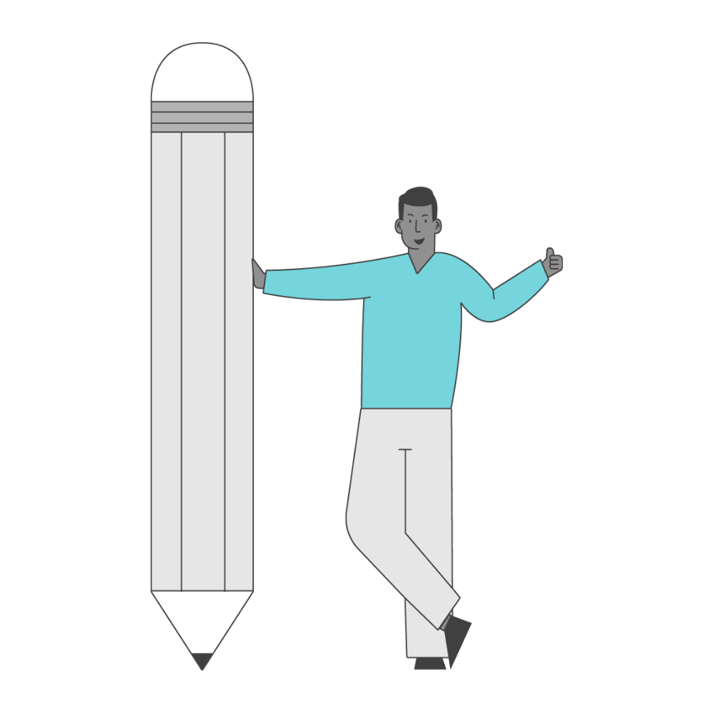 A man in a blue shirt leans on a large pencil and gives a thumbs-up gesture.