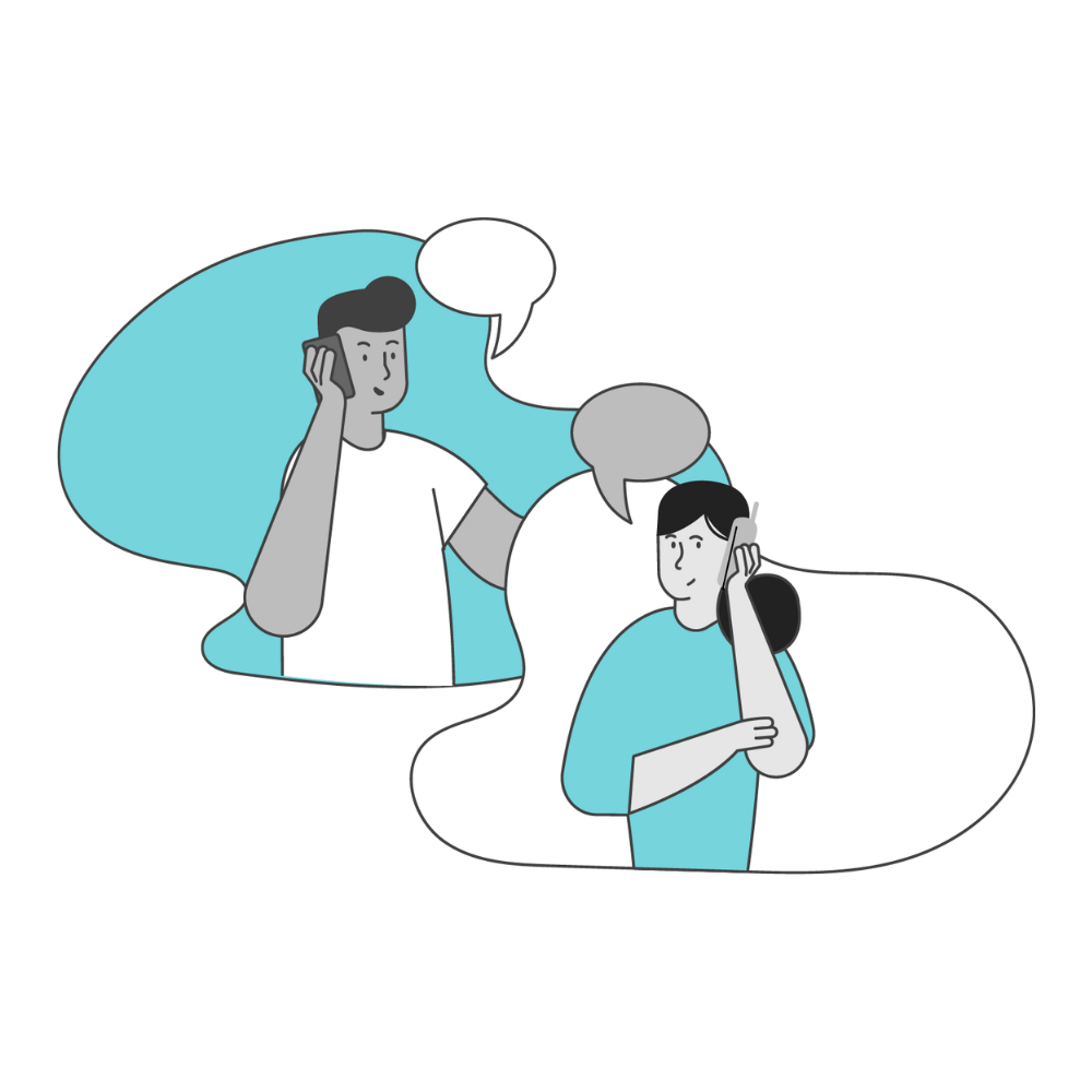 Illustration of a man and woman talking on mobile phones, with speech bubbles indicating a conversation between them.