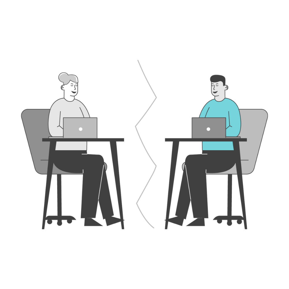 Illustration of two people sitting at desks facing each other, each working on a laptop, separated by a jagged line.