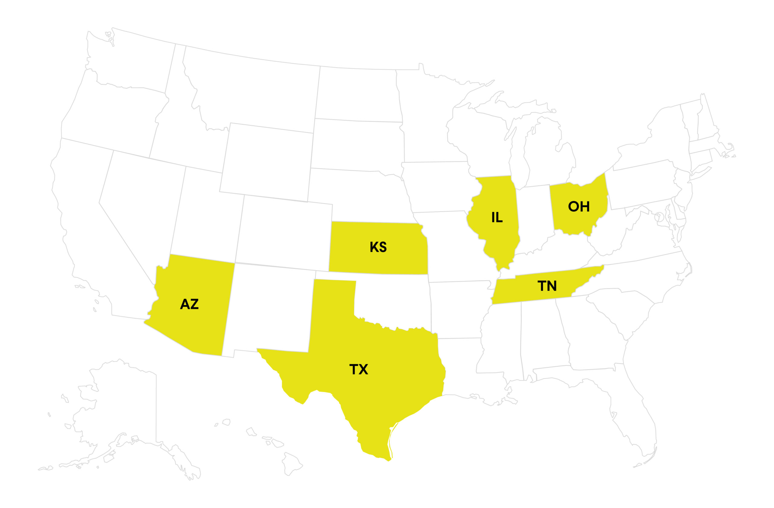 A map of the United States with the states of Arizona, Kansas, Texas, Illinois, Ohio, and Tennessee highlighted in yellow.