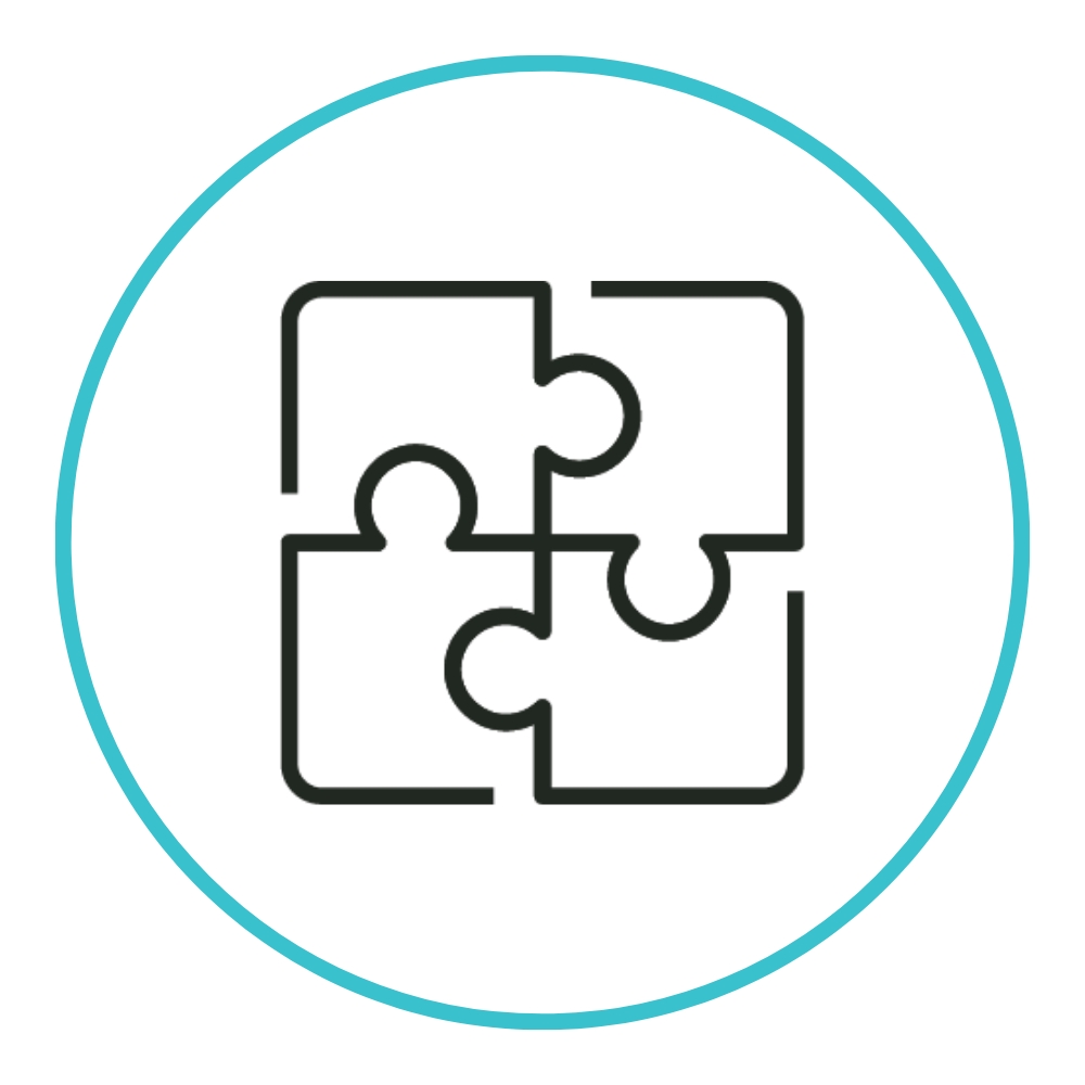 A simple black outline of four interlocking puzzle pieces inside a light blue circle on a white background.