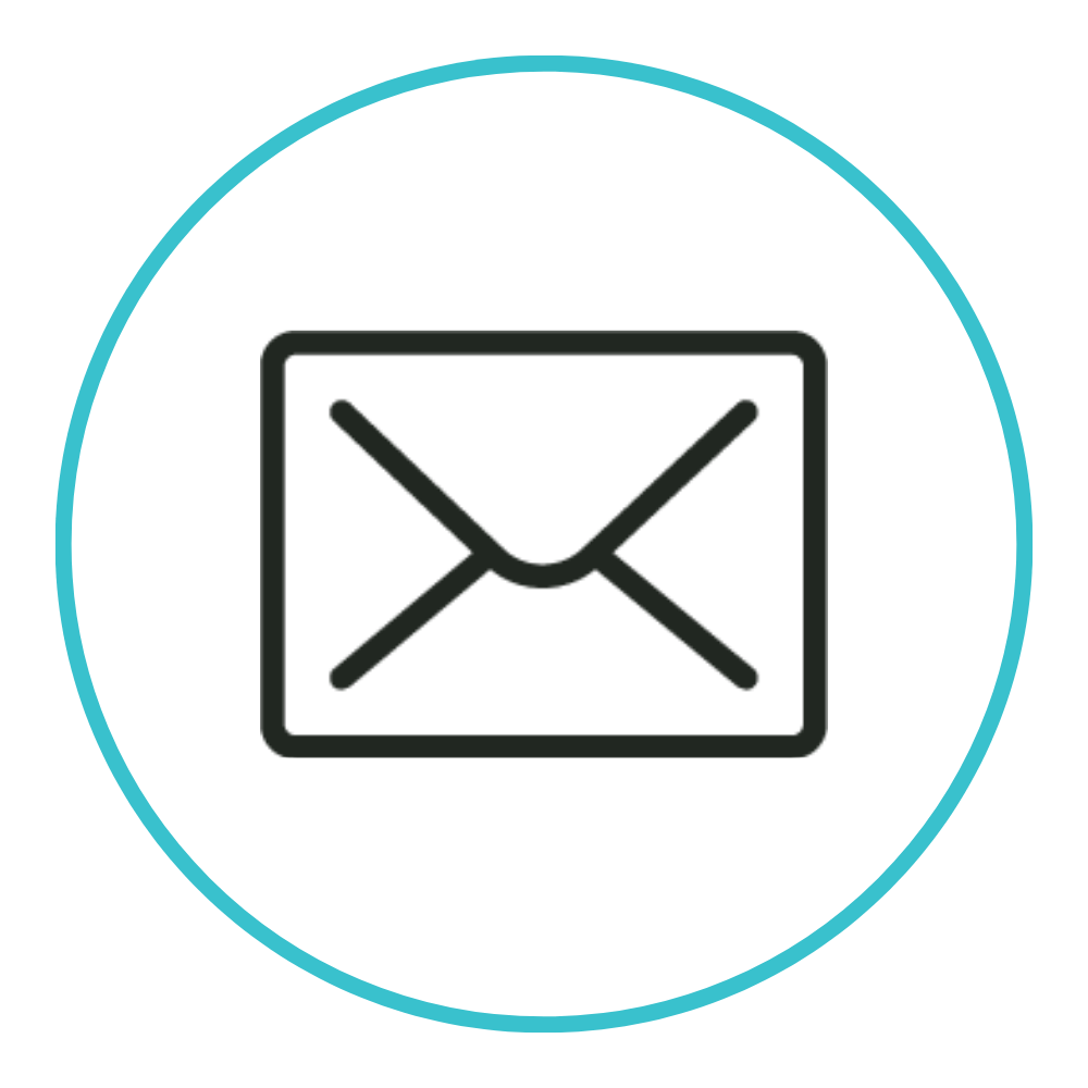 Simple black outline of an envelope inside a blue circular border, symbolizing email or messaging, on a white background.
