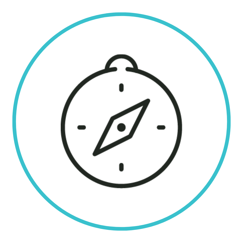 Simple black outline drawing of a compass with a diamond-shaped needle, enclosed in a light blue circular border on a white background.