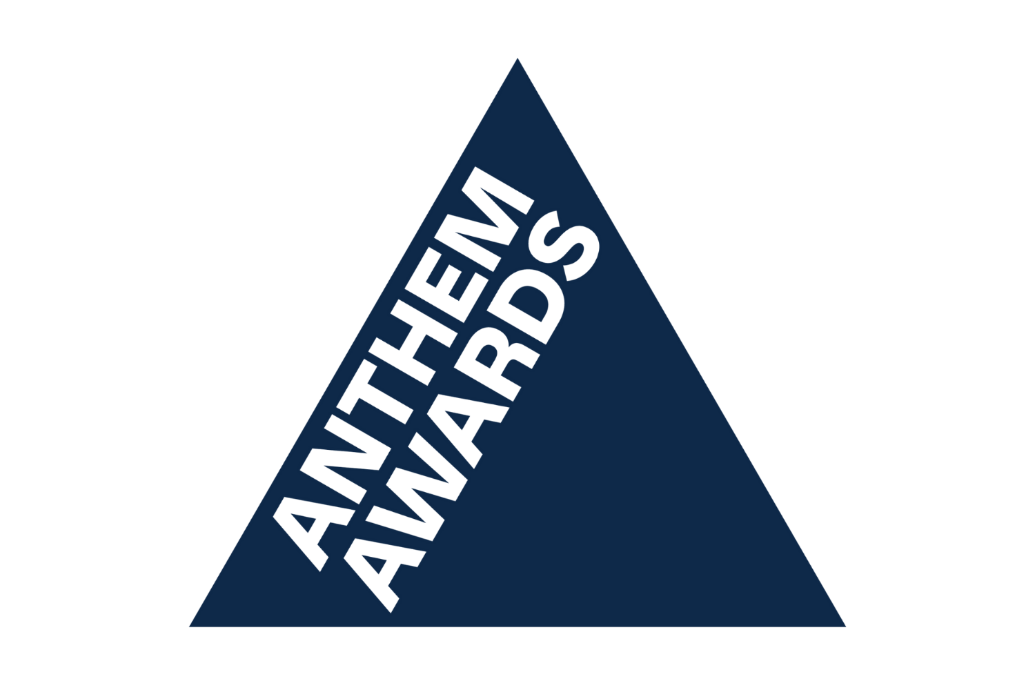 A navy blue triangle with the white text 