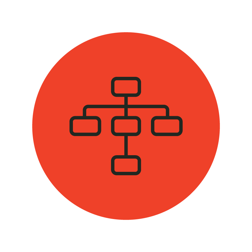 Simple flowchart icon with five connected rectangles on a red circular background, representing a hierarchical structure or organizational chart.
