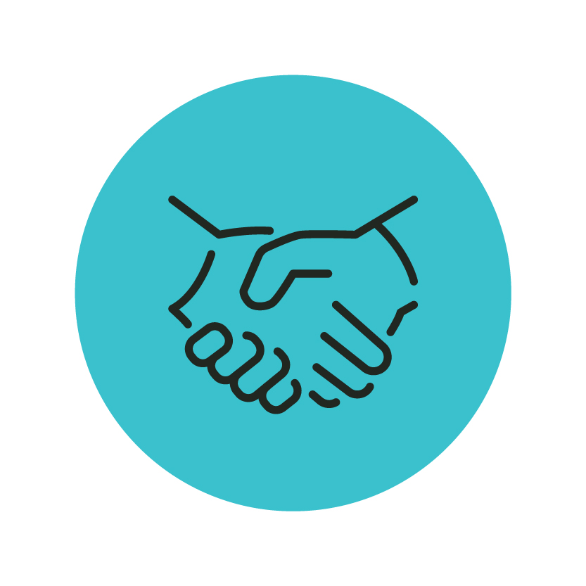 Line drawing of a handshake inside a blue circle, symbolizing agreement or partnership.