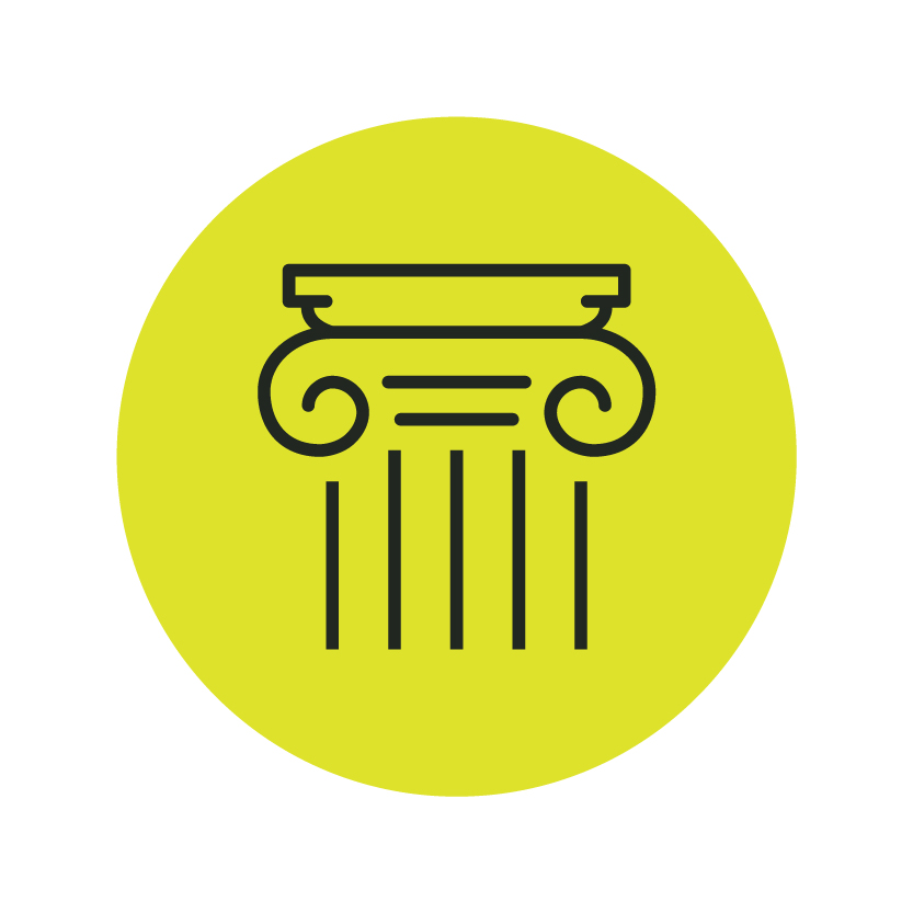 A simple black outline of an Ionic column capital on a bright yellow-green circular background.
