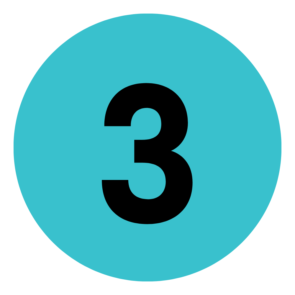 A large black number 3 is centered on a turquoise circle.