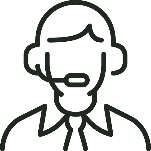 Simple line drawing of a person wearing a headset with a microphone, symbolizing a customer service representative or call center agent.