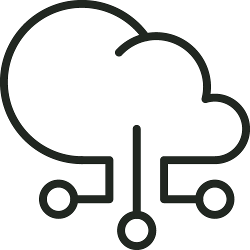 A simple black outline of a cloud with three connected lines and circles below, representing cloud computing or cloud technology.