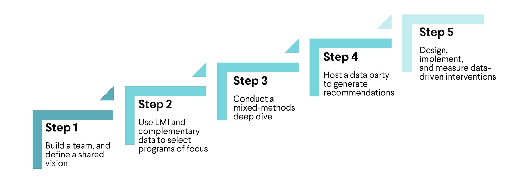 A five-step process diagram showing steps: build a team, select programs with data, conduct a deep dive, host a data party, and implement data-driven interventions.