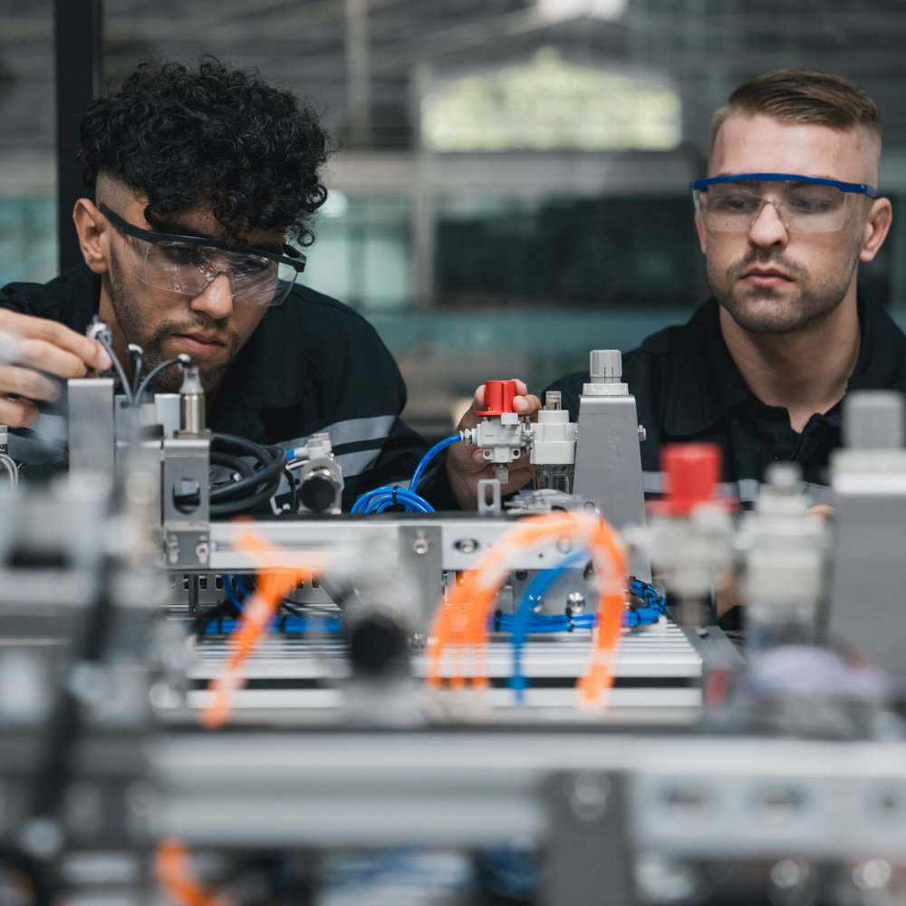Two men wearing safety glasses operate machinery in an industrial setting, focusing on equipment adjustments.