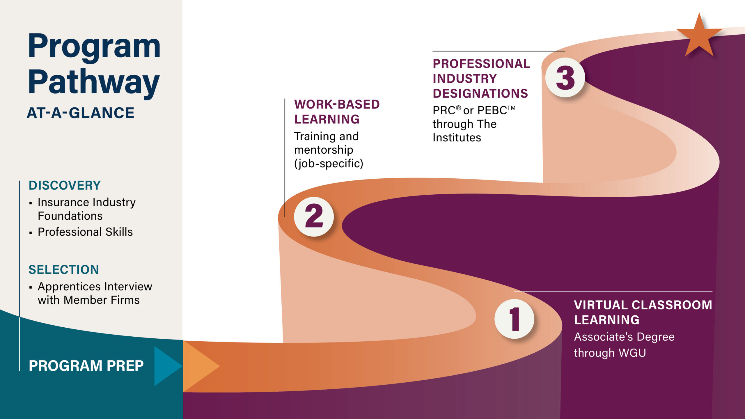 Program pathway graphic with three steps: 1) Virtual classroom learning, 2) Work-based learning, 3) Professional industry designations; includes a flow curve and section labels.