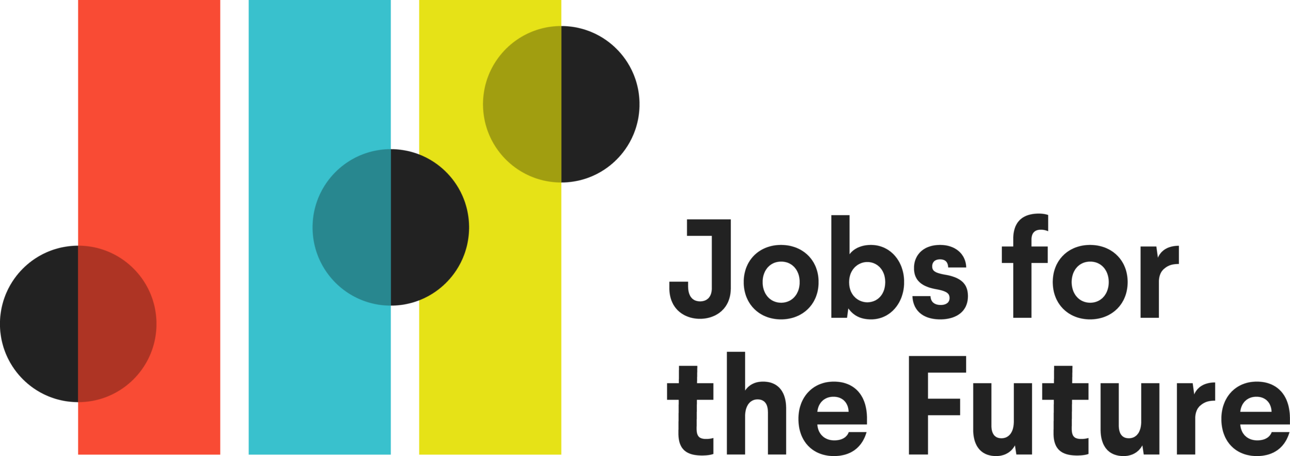 Logo with three vertical bars in red, blue, and yellow, each overlaid by a black circle, next to the text