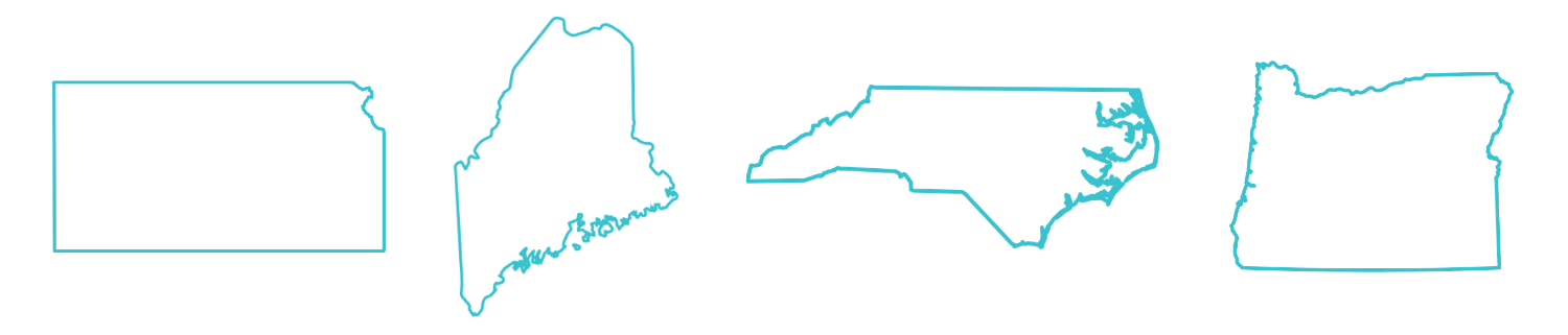 Outlined shapes of the states Kansas, Maine, North Carolina, and Oregon in blue on a white background.