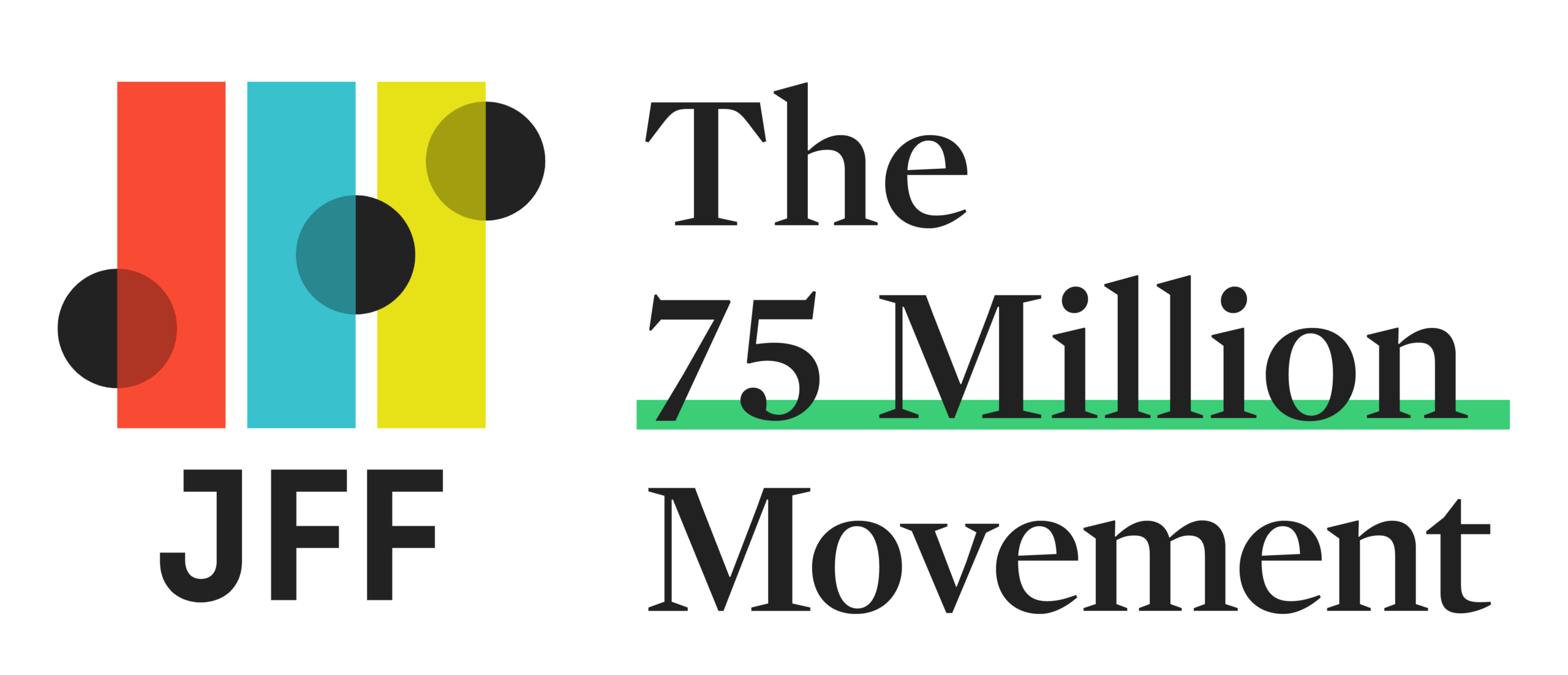 Logo with four vertical colored bars and black circles next to the text "The 75 Million Movement" and "JFF" in bold letters; "75 Million" is underlined in green.