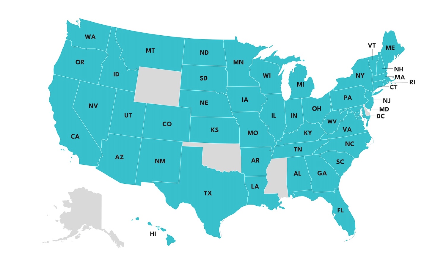 A map of the United States with most states colored blue; seven states—Idaho, Montana, Wyoming, South Dakota, Kansas, Arkansas, and Alabama—are shown in gray.