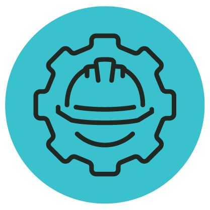 Icon of a hard hat inside a gear, outlined in black on a turquoise circular background, representing engineering or construction safety.