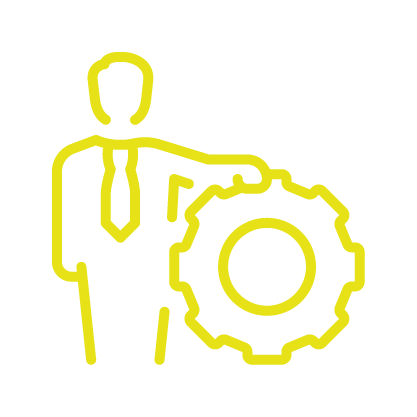 Yellow outline of a person in business attire standing beside a large gear, symbolizing management or business settings.