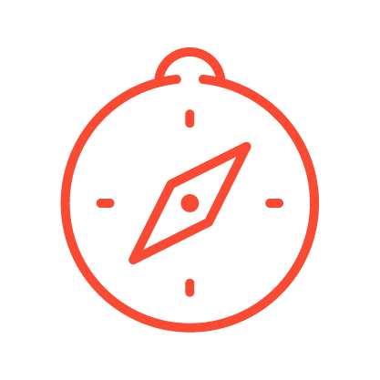 Simple red outline illustration of a compass on a light gray background, with a diamond-shaped needle pointing diagonally.