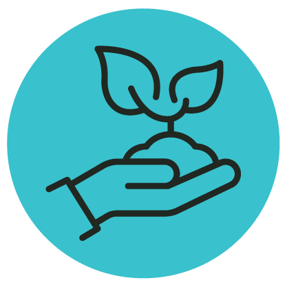 A simple line drawing of a hand holding soil with a small sprouting plant, shown on a blue circular background.