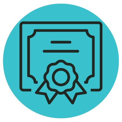 Line drawing of a certificate with a ribbon icon, placed on a solid turquoise circular background.