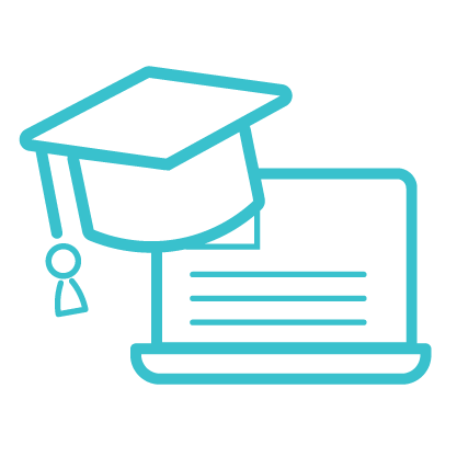 Outline of a graduation cap resting on a laptop, symbolizing online education or e-learning.