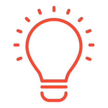 Red outline of a light bulb with lines radiating outward, symbolizing illumination or an idea, on a plain light gray background.