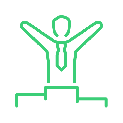 Green outline of a person wearing a tie standing on a podium with arms raised, suggesting celebration or achievement.