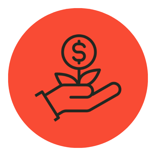 A line drawing of a hand holding a plant with a coin featuring a dollar sign, set against a red circular background.
