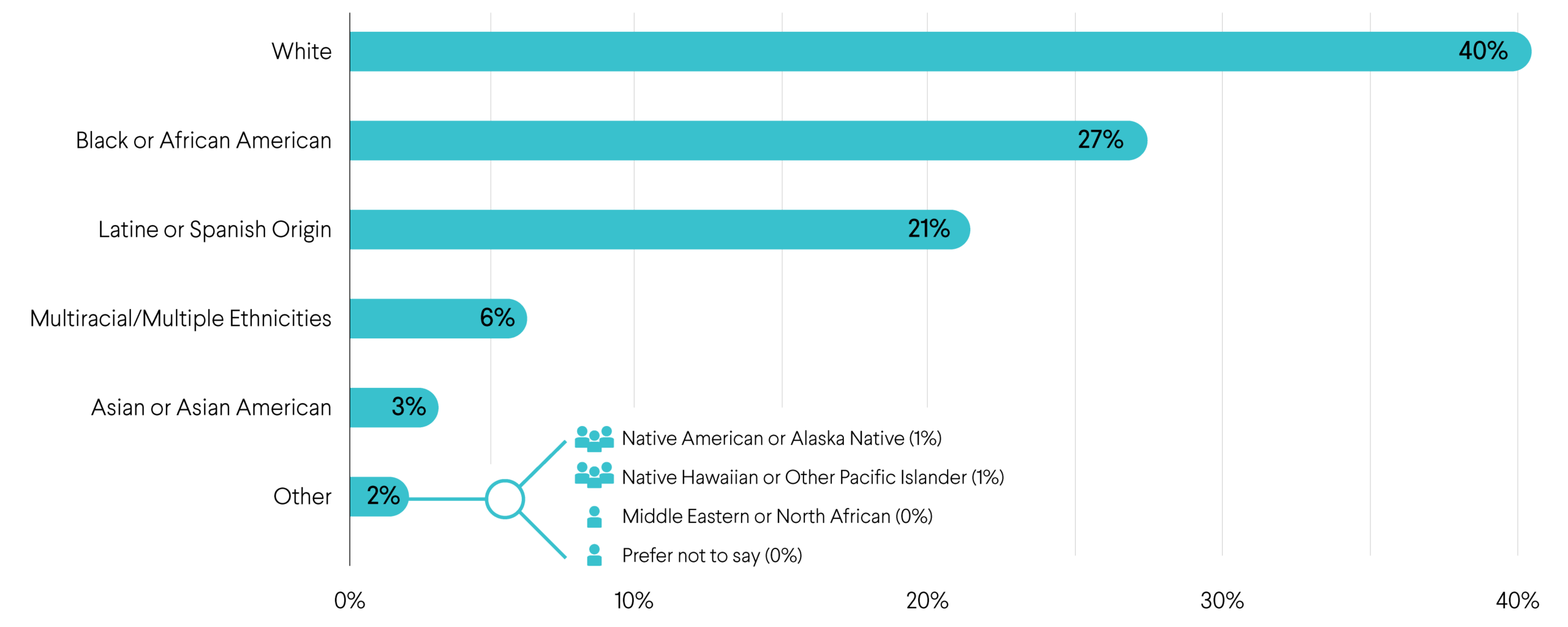 Horizontal bar chart showing racial and ethnic identities. White: 40%, Black or African American: 27%, Latine or Spanish Origin: 21%, Multiracial: 6%, Asian: 3%, Other: 2%.