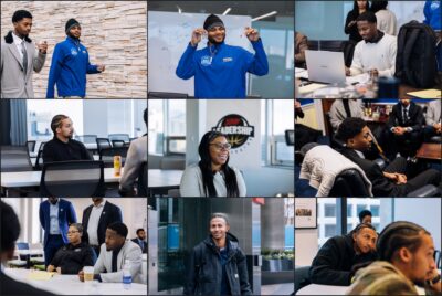 A collage of people in business attire participating in meetings, discussions, and presentations in a modern office setting.