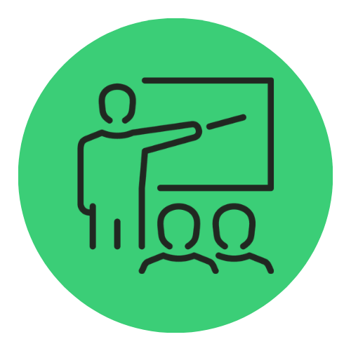 Icon of a person pointing at a presentation board with two people watching, set against a green circular background.