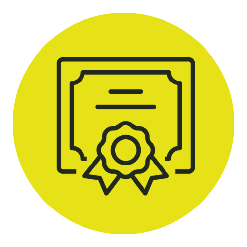 Line drawing of a certificate with a ribbon, centered on a yellow circular background.