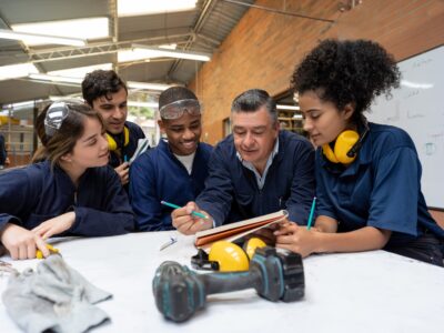 A group of students and an instructor in work uniforms gather around a table, looking at a notebook, with tools and safety gear visible in the foreground.