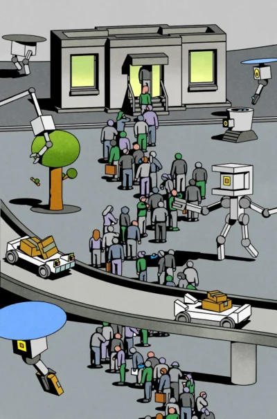 People wait in line outside a building while robots deliver packages and monitor the area; delivery drones and robots are visible throughout the scene.