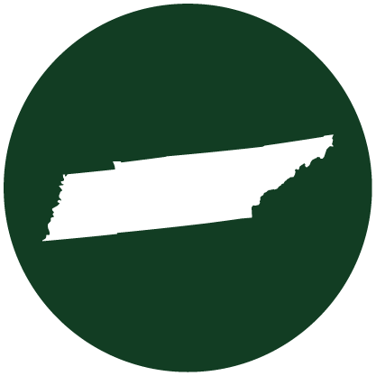 White silhouette of the state of Tennessee centered on a dark green circular background.